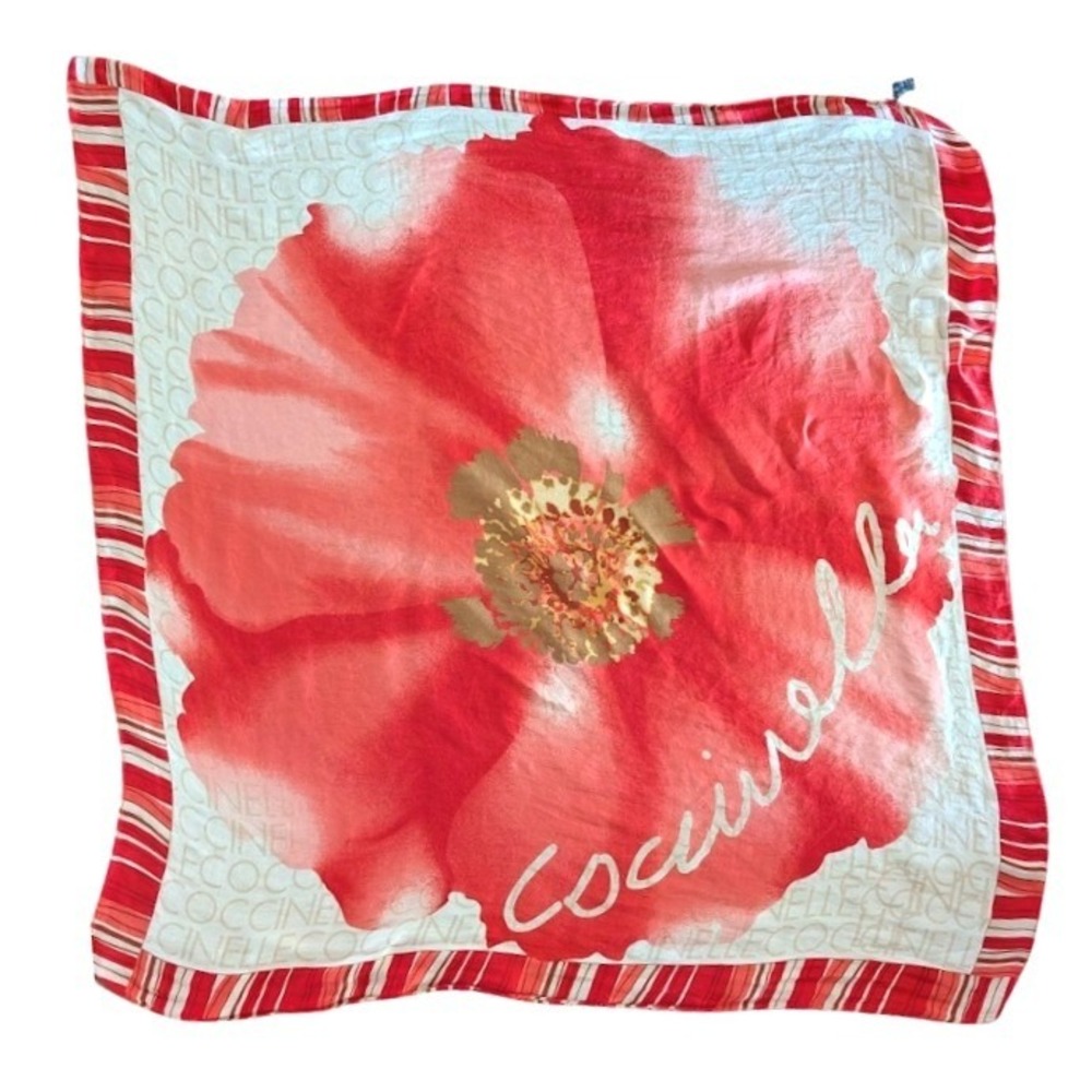 Coccinelle Silk Scarf Red Poppy Floral Logo‎ Print Made in Italy Square Scarf